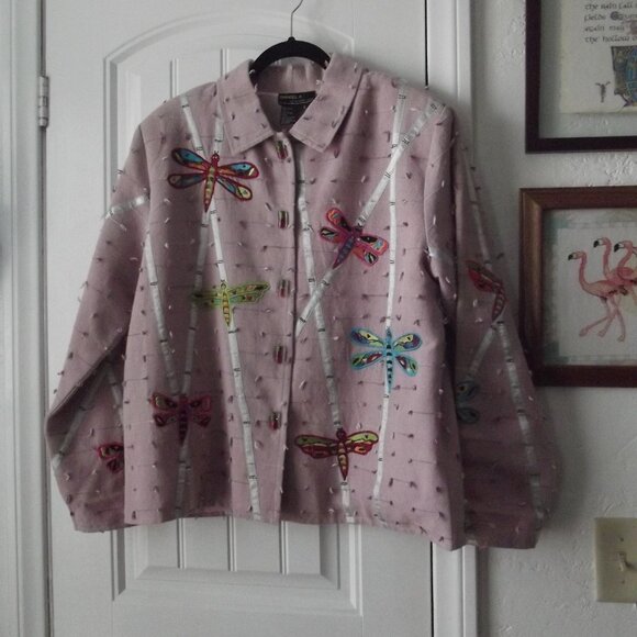 Vintage Jacket Daniel K NY Pink Cotton Jacket with Butterfly applique LARGE - Picture 2 of 15